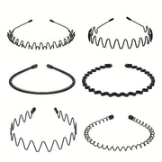 Set of 6 Black Wavy Spring Metal Hair Bands Non-Slip Elastic Headwear for Men Women