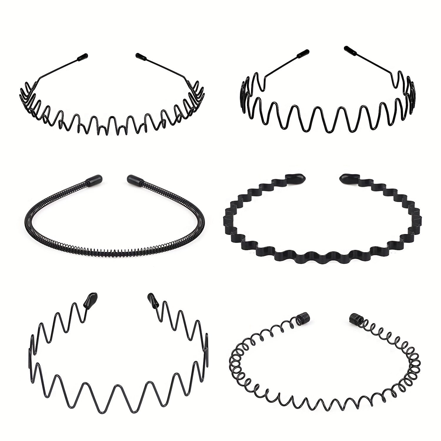 Set of 6 Black Wavy Spring Metal Hair Bands Non-Slip Elastic Headwear for Men Women