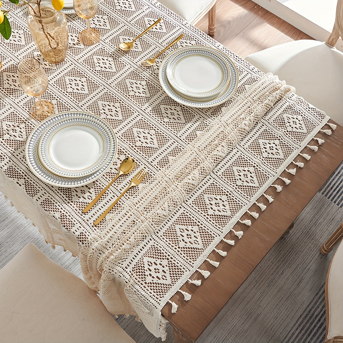 Beige Crochet Tablecloth with Tassels for Home and Party Table Settings