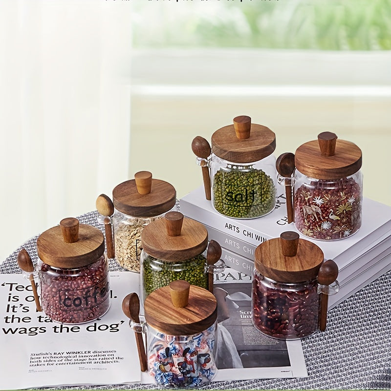 Glass Storage Jar with Acacia Wood Lid and Spoon for Kitchen Food Spices Nuts Candy Airtight Container
