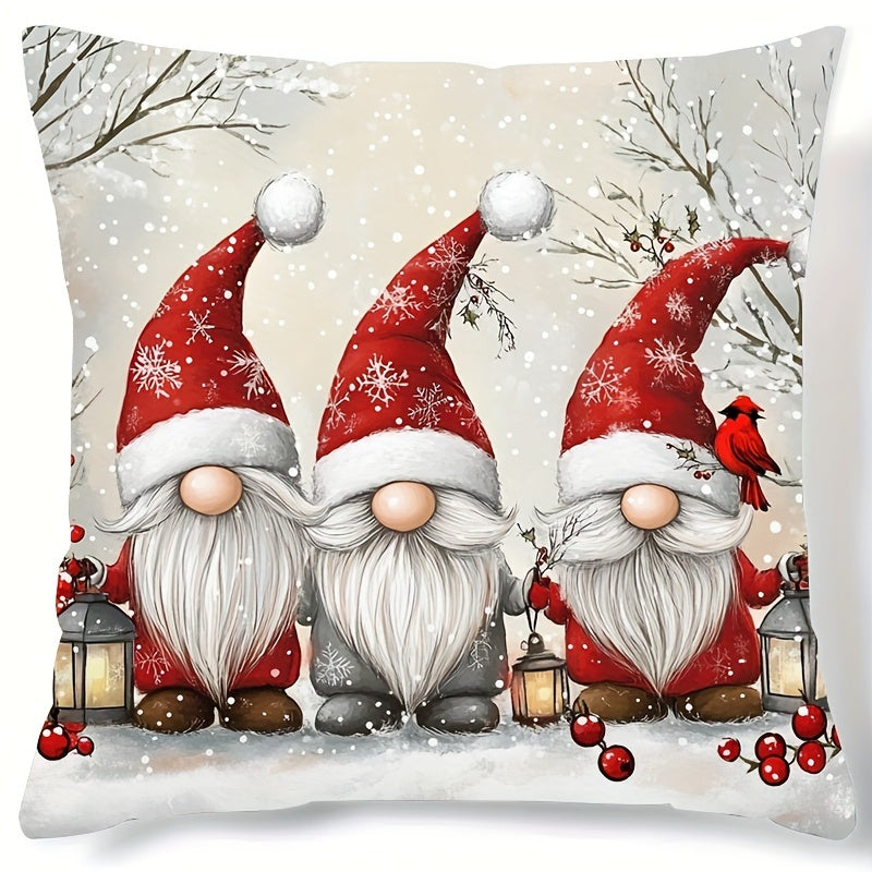Christmas Gnome Pillowcase Soft Polyester 44.96cm x 44.96cm Snowy Landscape Red Berries Decor
