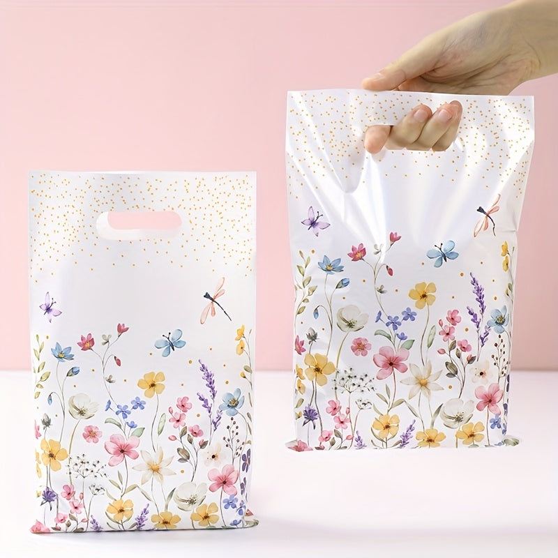 Bolsas de regalo de plástico con diseño de hojas y flores de la temática Wildflowers, set de 10, 25, 50, con asa de punzón