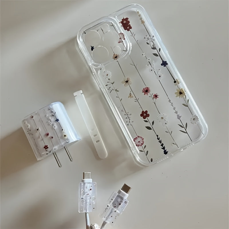 5-Piece iPhone Protective Set with Floral Pattern TPU Transparent Case Charger Cable Cases
