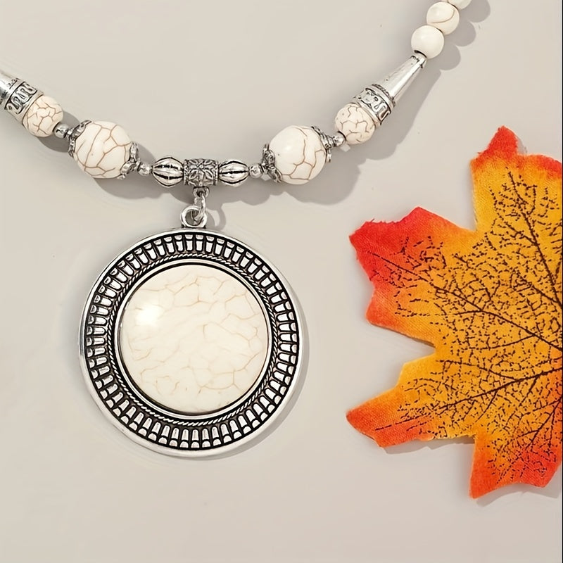 Conjunto de joyería estilo boho con pendientes y collar de turquesa blanca para mujeres