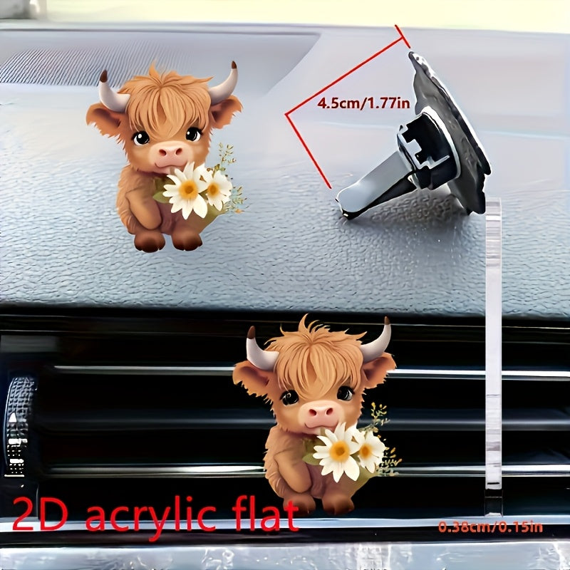 Cute Highland Cow Car Air Freshener Acrylic Fragrance Diffuser with Flowers