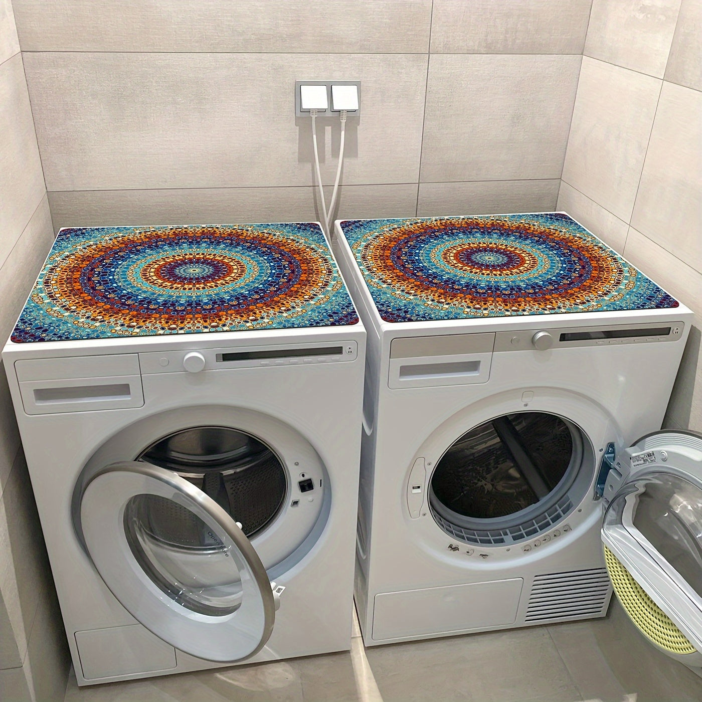 Set of 2 Mandala Pattern Washing Machine Top Covers Dustproof Polyester Dryer Mats Non-Slip Protective Pads 50.8x60.96 cm