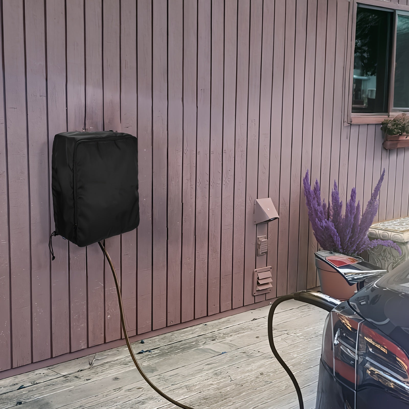 Black Electric Vehicle Charging Station Dust Cover with Zipper and Drawstring