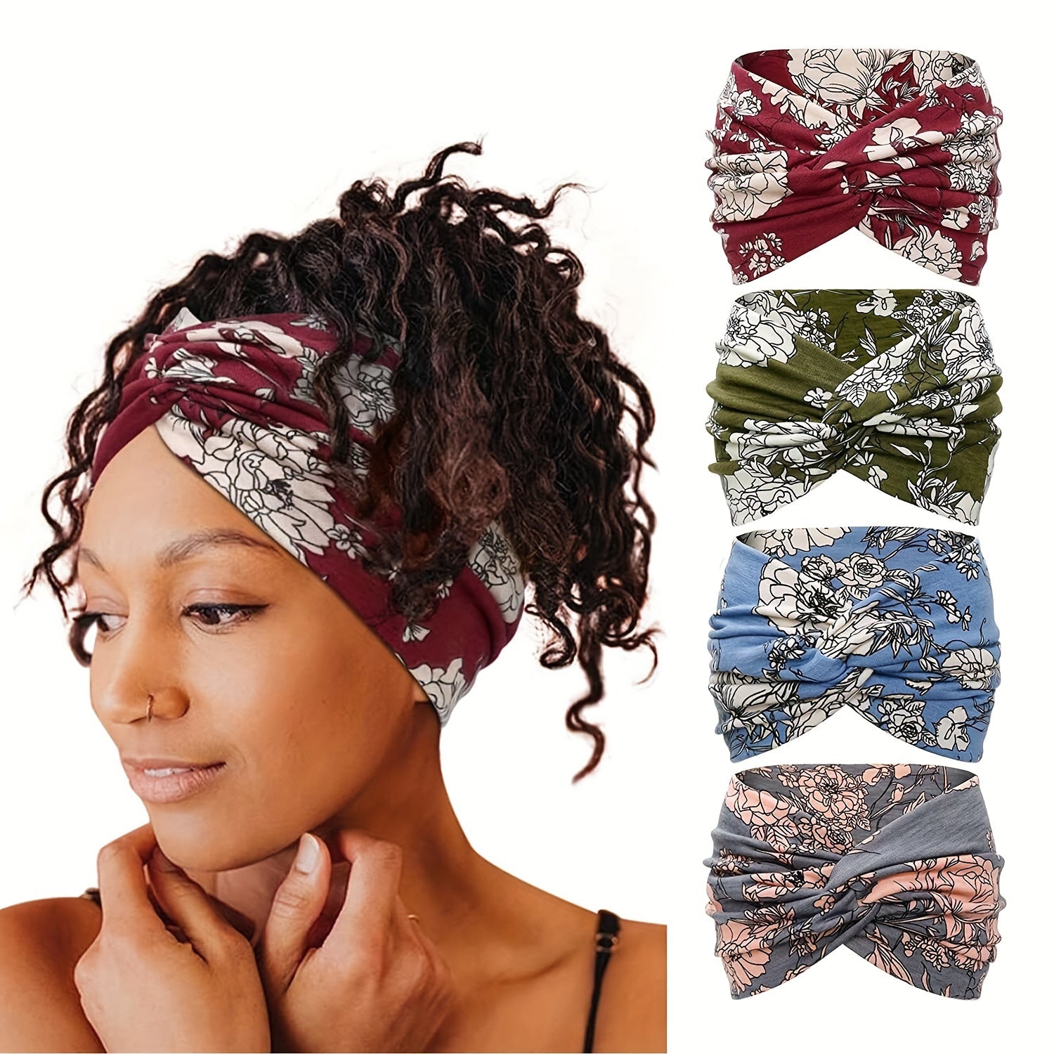 Set of 4 Vintage Printed Wide Brim Head Bands with Elastic Knotted Hair Hoops for Women