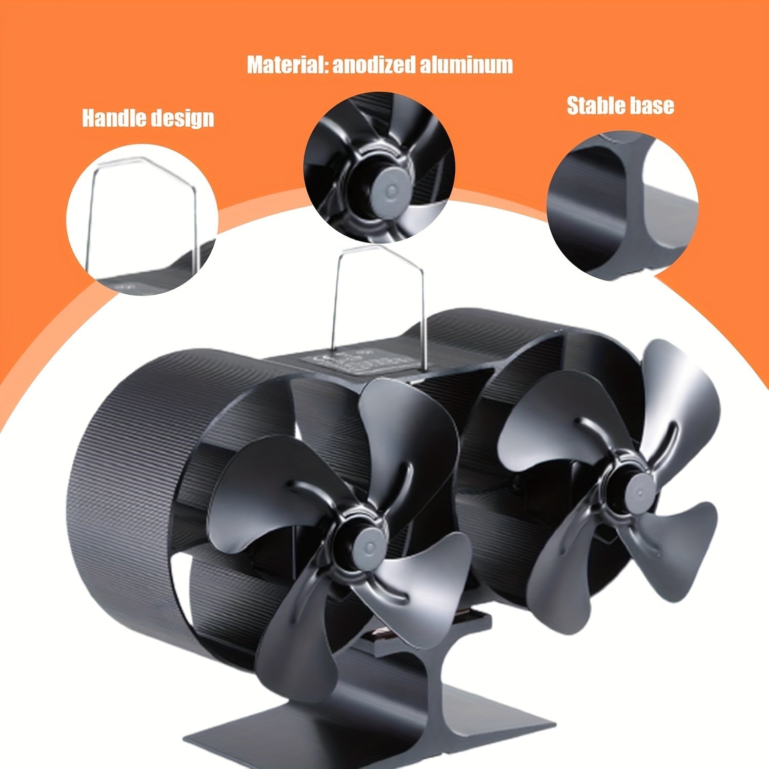 Double Motor Wood Burning Stove Fan Black Aluminum for Fireplace and Heater