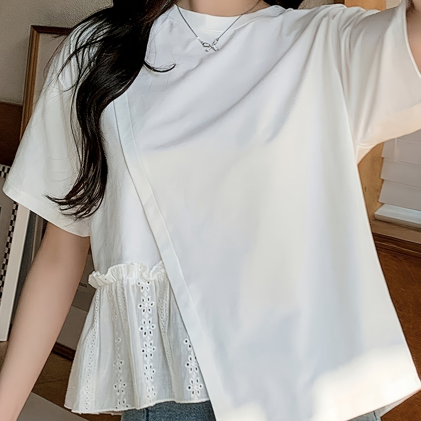 Women's Y2K Asymmetrical Hem 2-in-1 T-Shirt Solid Color Short Sleeve