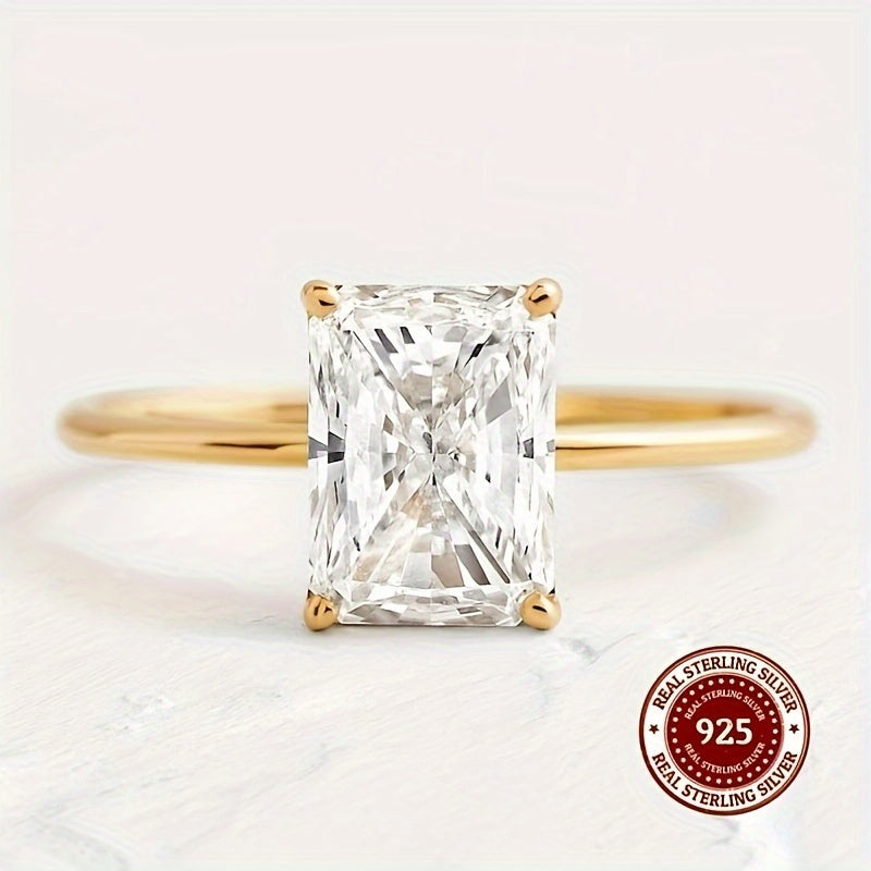 Стильное кольцо из 14-каратного золотого покрытия на стерлинговом серебре S925 с прямоугольным синтетическим кубическим цирконием, 2,5 г, доступно в 1CT/2CT/3CT - Идеальные элегантные украшения для отпуска в качестве подарков и на праздники.