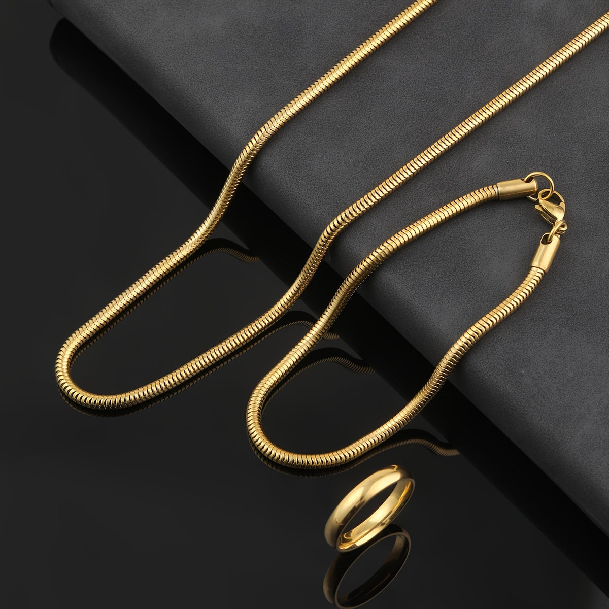 Zarif 3-qismli Zargarlik To'plami oltin - Nikelga chidamli Ilon Zanjirli Marjon, Bilaguzuk va Oddiy Halqa Har kuni kiyish uchun