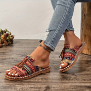 Women Fringe Sandals Ethnic Pattern Flat Slide Summer Beach Shoes