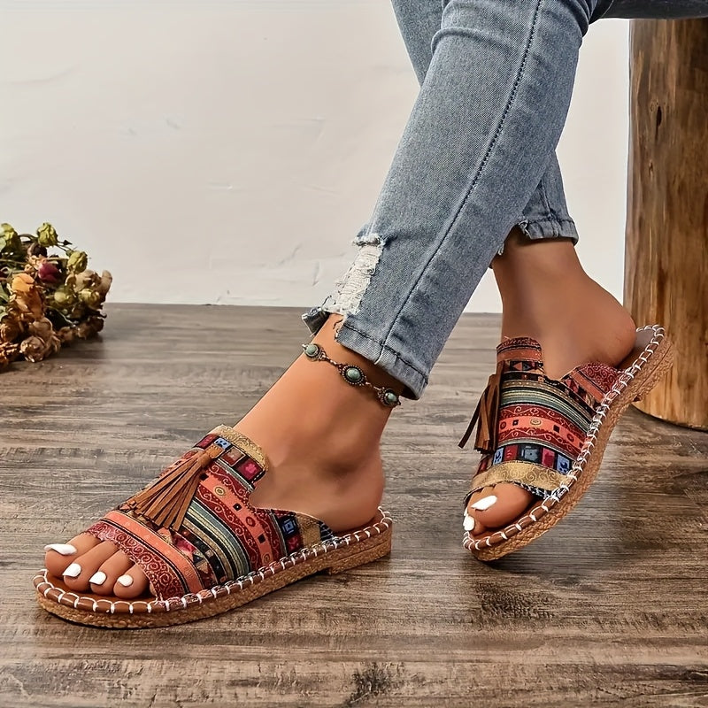 Women Fringe Sandals Ethnic Pattern Flat Slide Summer Beach Shoes