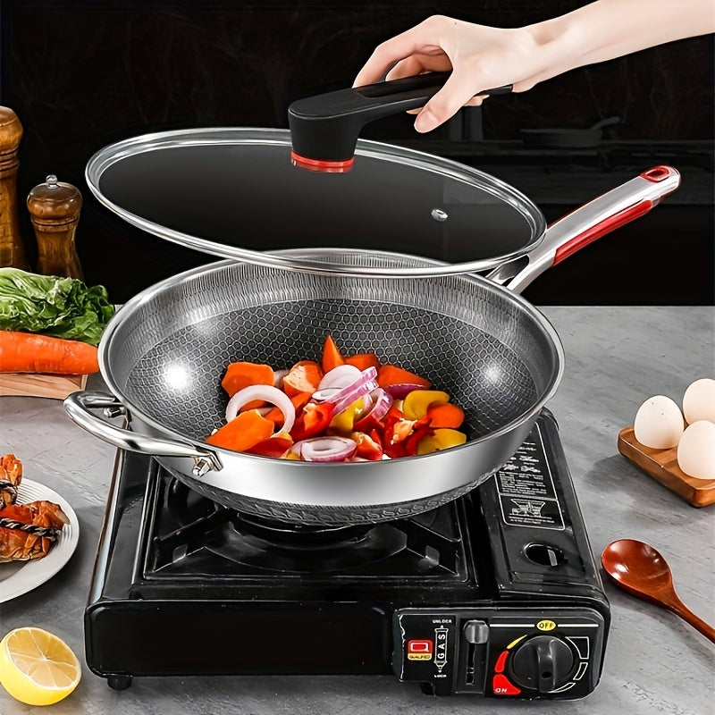 Stainless Steel Frying Pan with Lid Handle Non-Stick for Induction Gas Camping 32cm 34cm 36cm