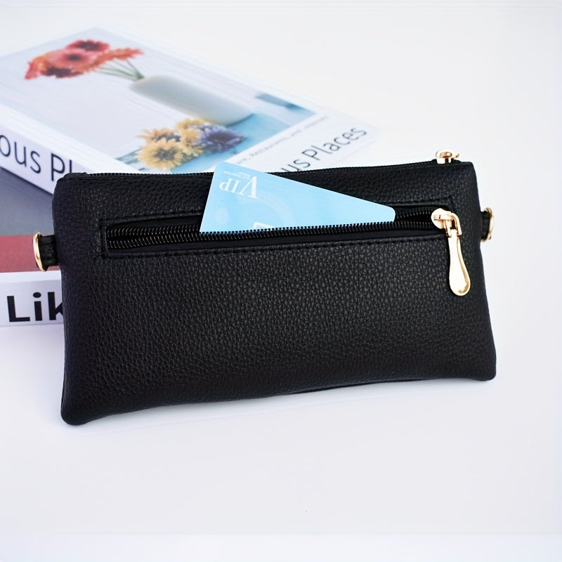 Long Wallet with Zipper Coin Purse and Wristband Leather Slim Minimalist Envelope Style