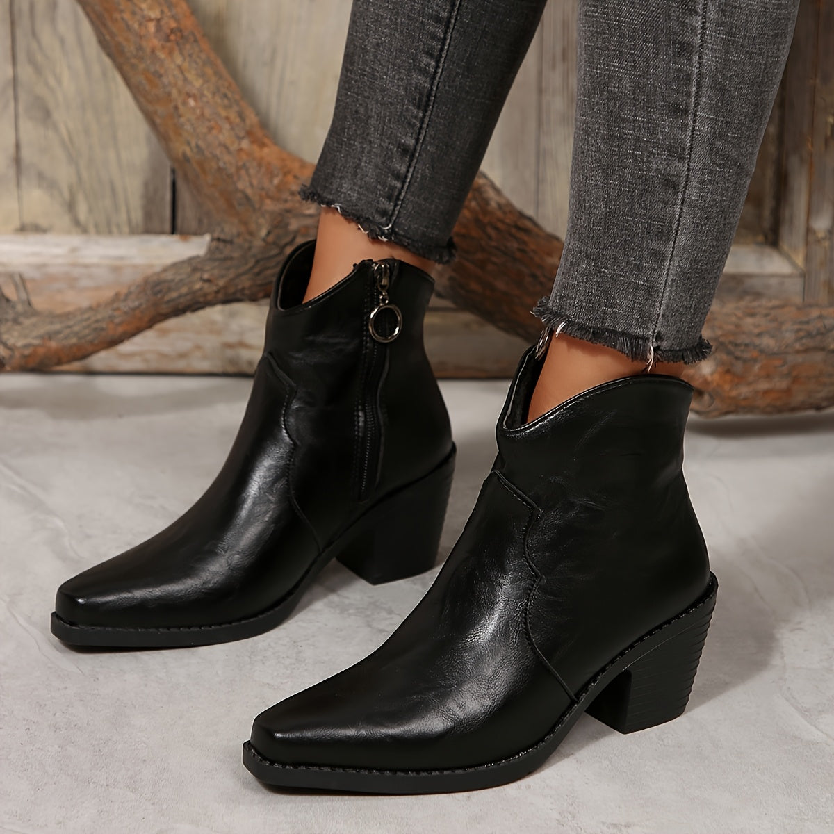 Women's Faux Cover Block Heel Ankle Boots Brown Pointed Toe Non-Slip Rubber Sole