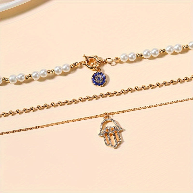 Unisex Multi-Layered Imitation Pearl Necklace with Evil Eye and Hamsa Pendants Punk Style