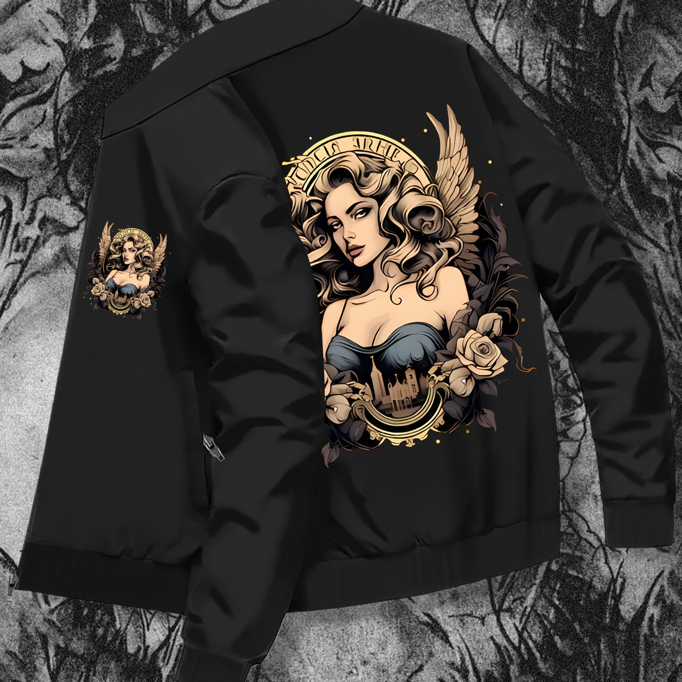 Мужская куртка с графическим принтом, воротником-бантом и молнией для полных мужчин на весну и осень