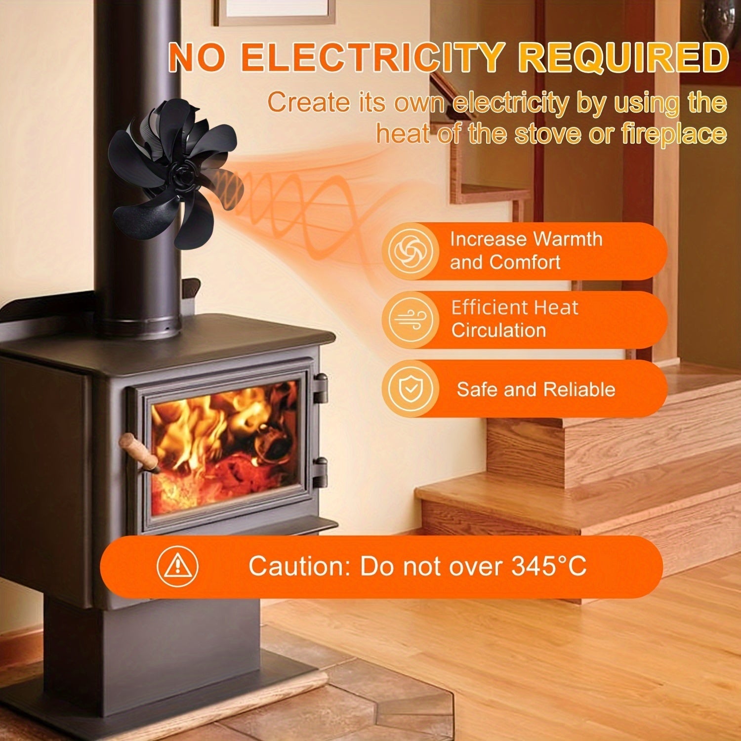 Wood Log Burner Fireplace Stove Fan 6 Blades Warm Air Wall Mount