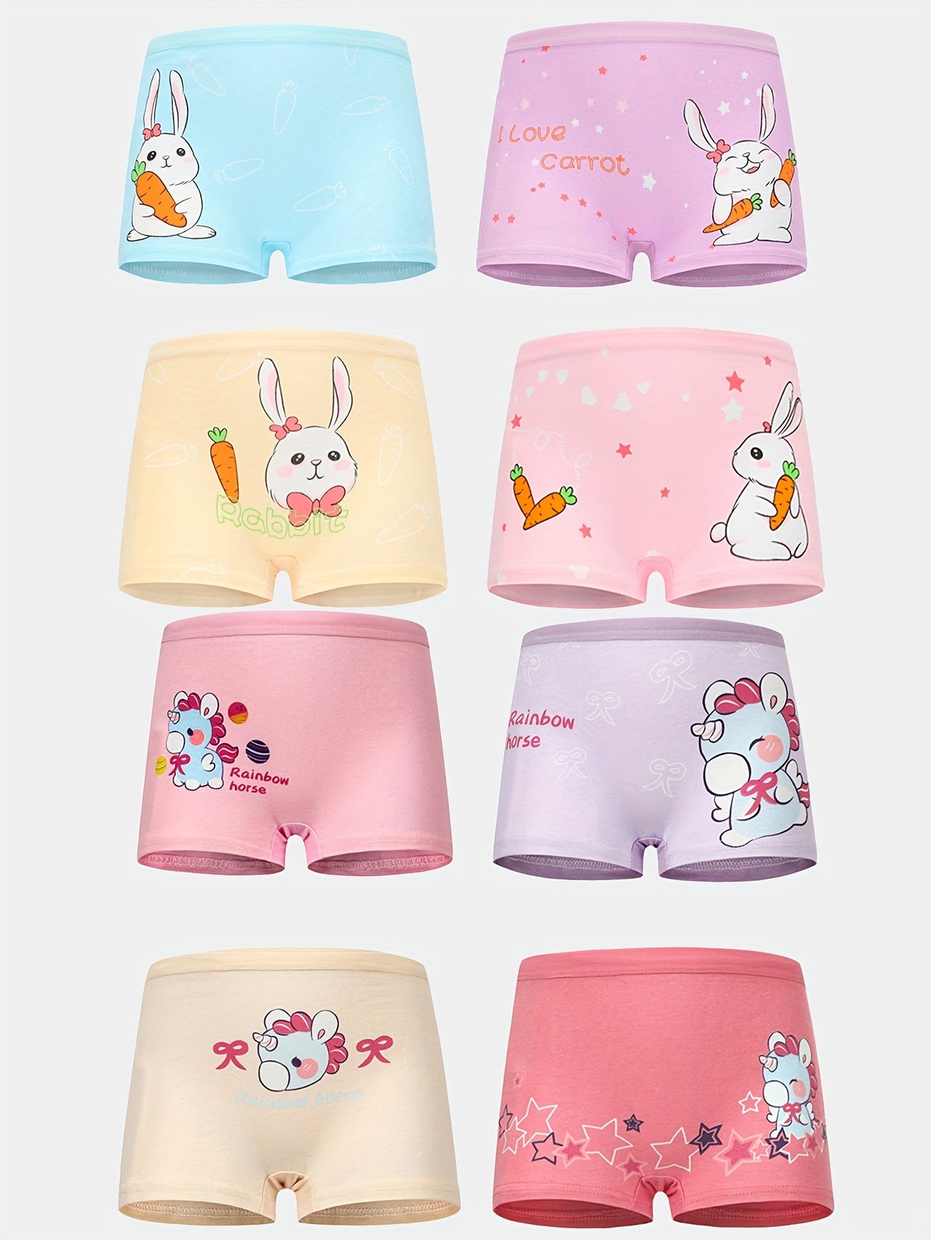 Girls' Cotton Blend Boxer Briefs 8-Pack with Cartoon Animal Prints Medium Stretch Comfortable Fit