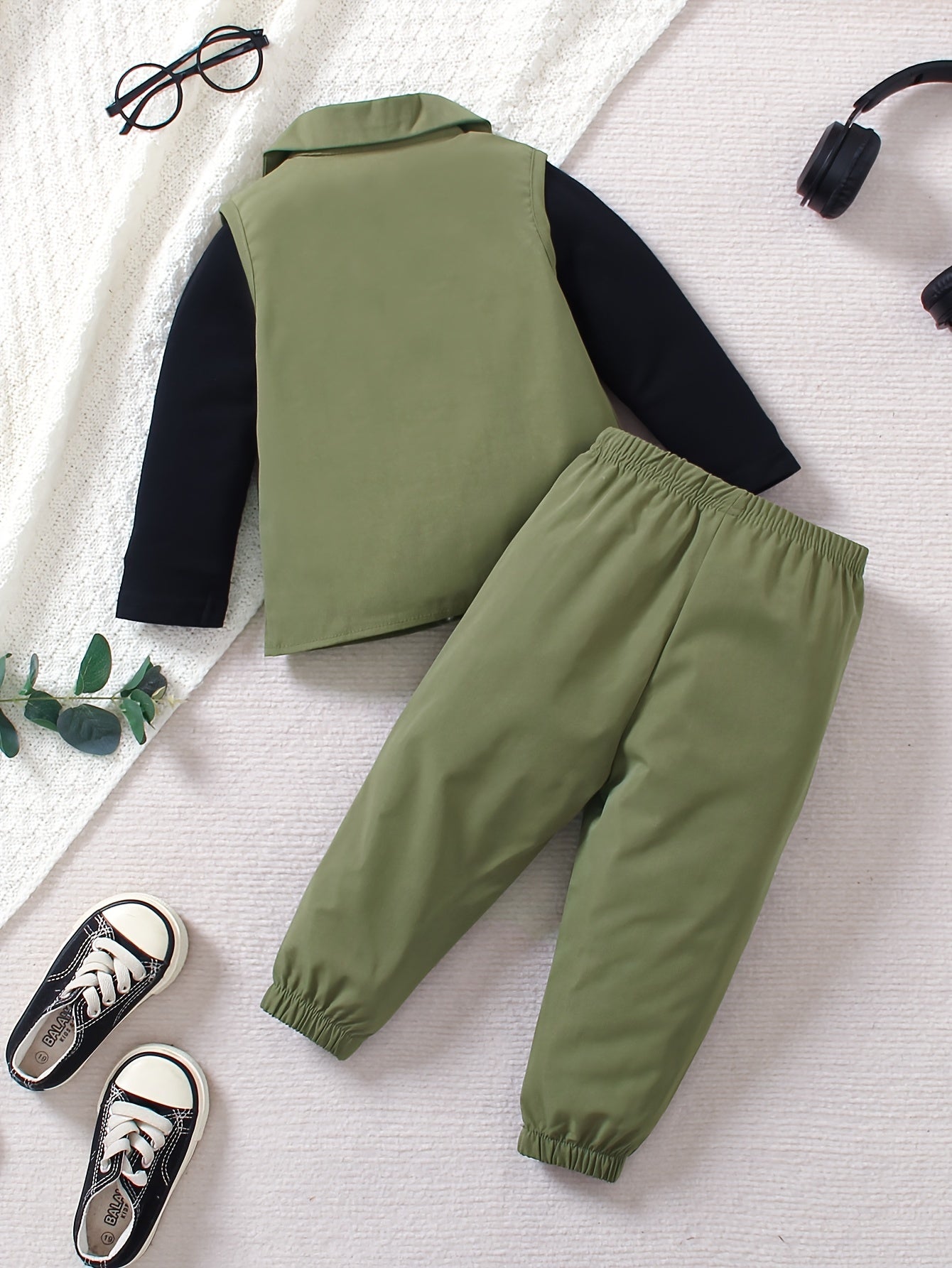 Boys' 3-Piece Street Style Outfit Set Olive Green Vest Long Sleeve Tee Jogger Pants Spring Fall