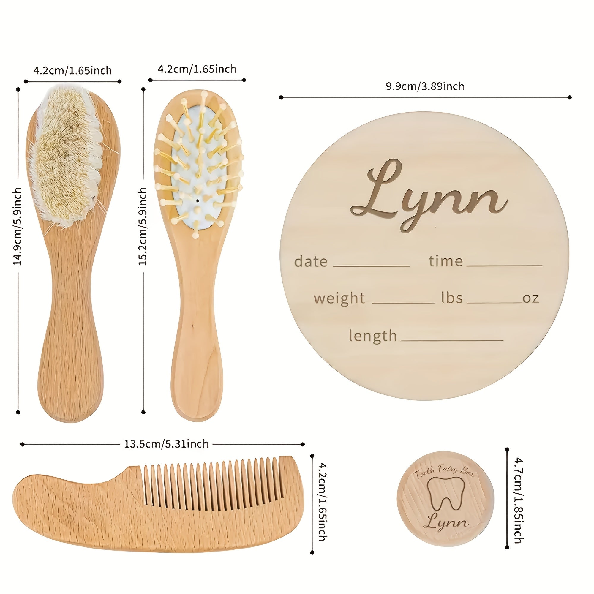 Набор из 5 персонализированных кастомных щеток для волос и расчесок с деревянной коробкой для зубов и табличкой для роста. Включает в себя шерстяные щетинки, ручку из бука и расческу для нормальных волос.