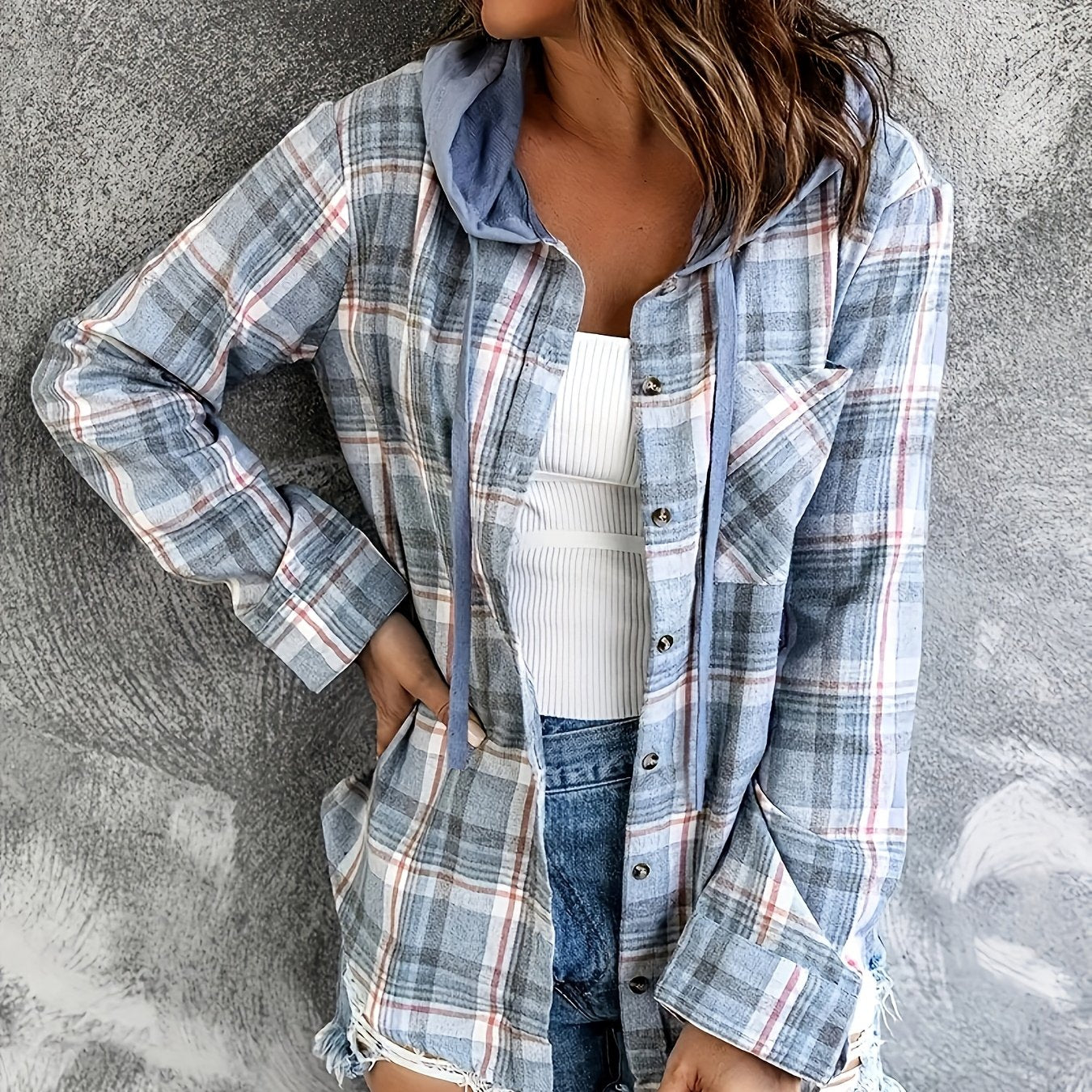 Women's Plaid Hooded Blouse Casual Fall Spring Drawstring Weekend Wear