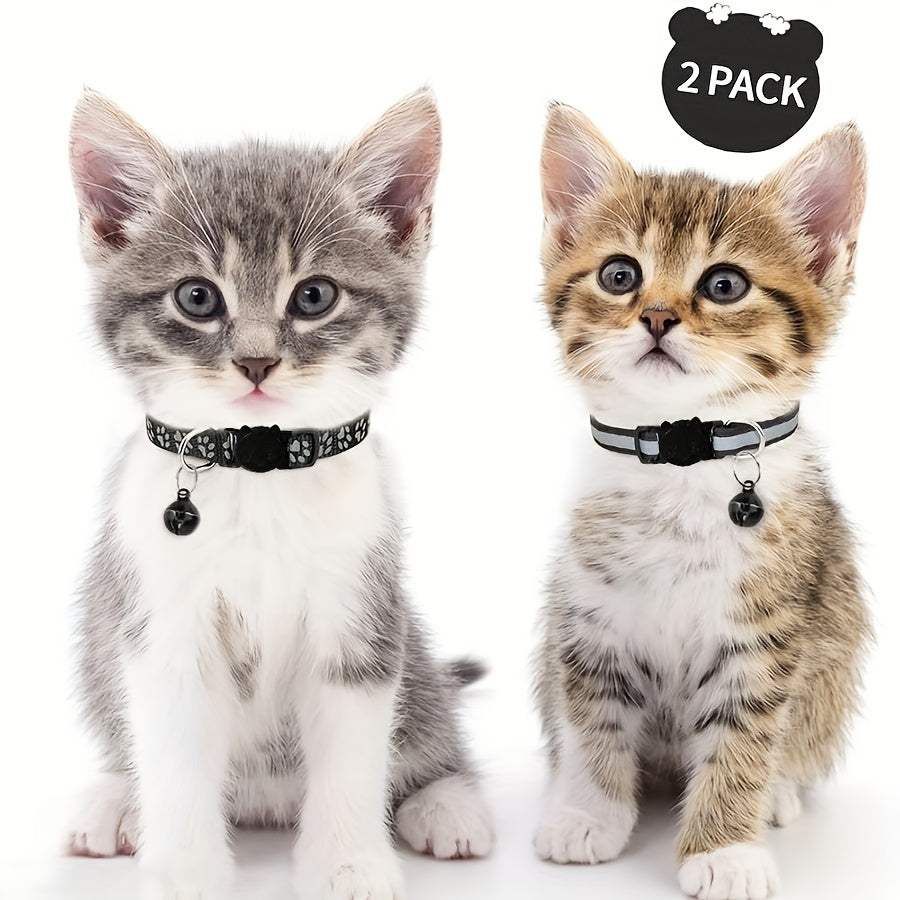 Reflective Cat Collars for Kittens with Footprints Bells Breakaway Design Polyester 2 Pack