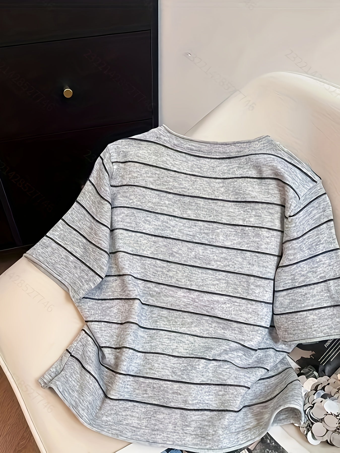 Plus Size Women's Striped Cardigan Light Gray White Short Sleeve Casual Top