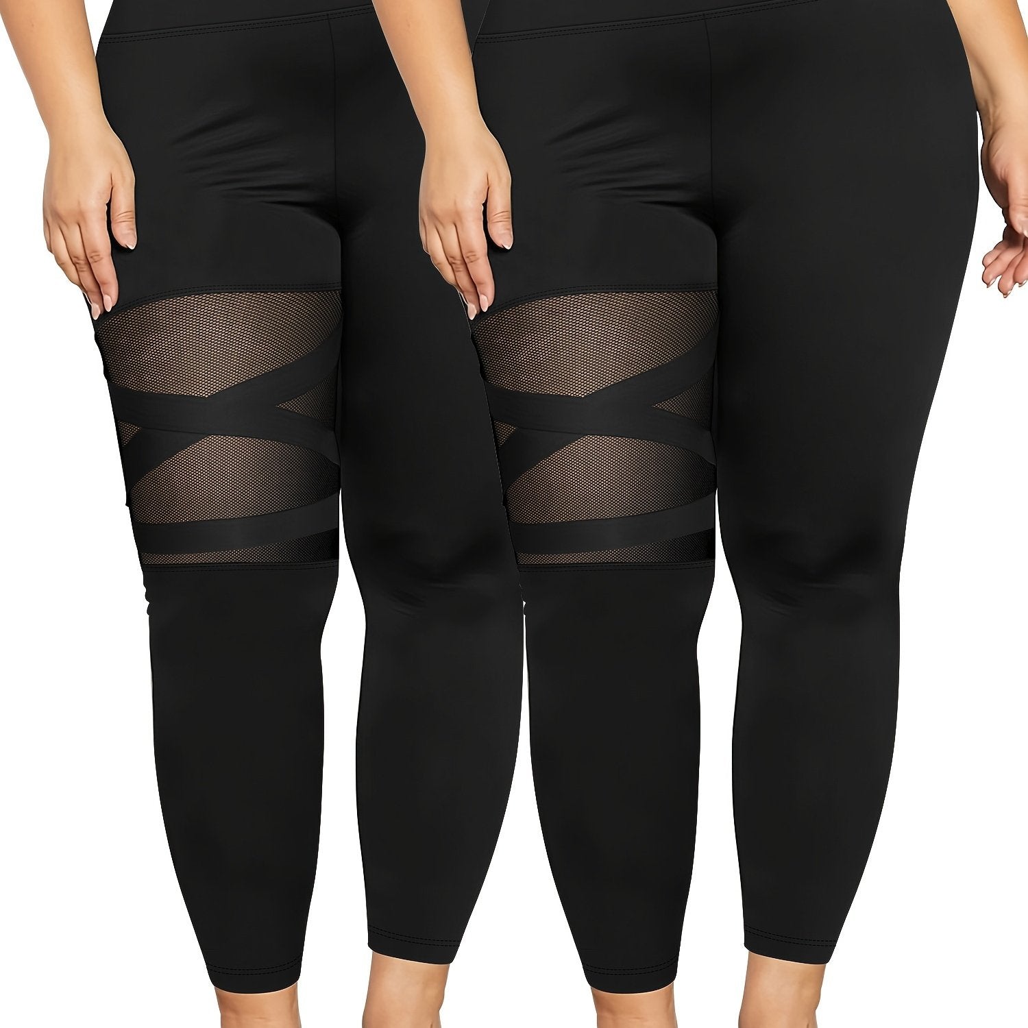 Women's Plus Size Spliced Mesh Leggings Soft Fit Pack of 4