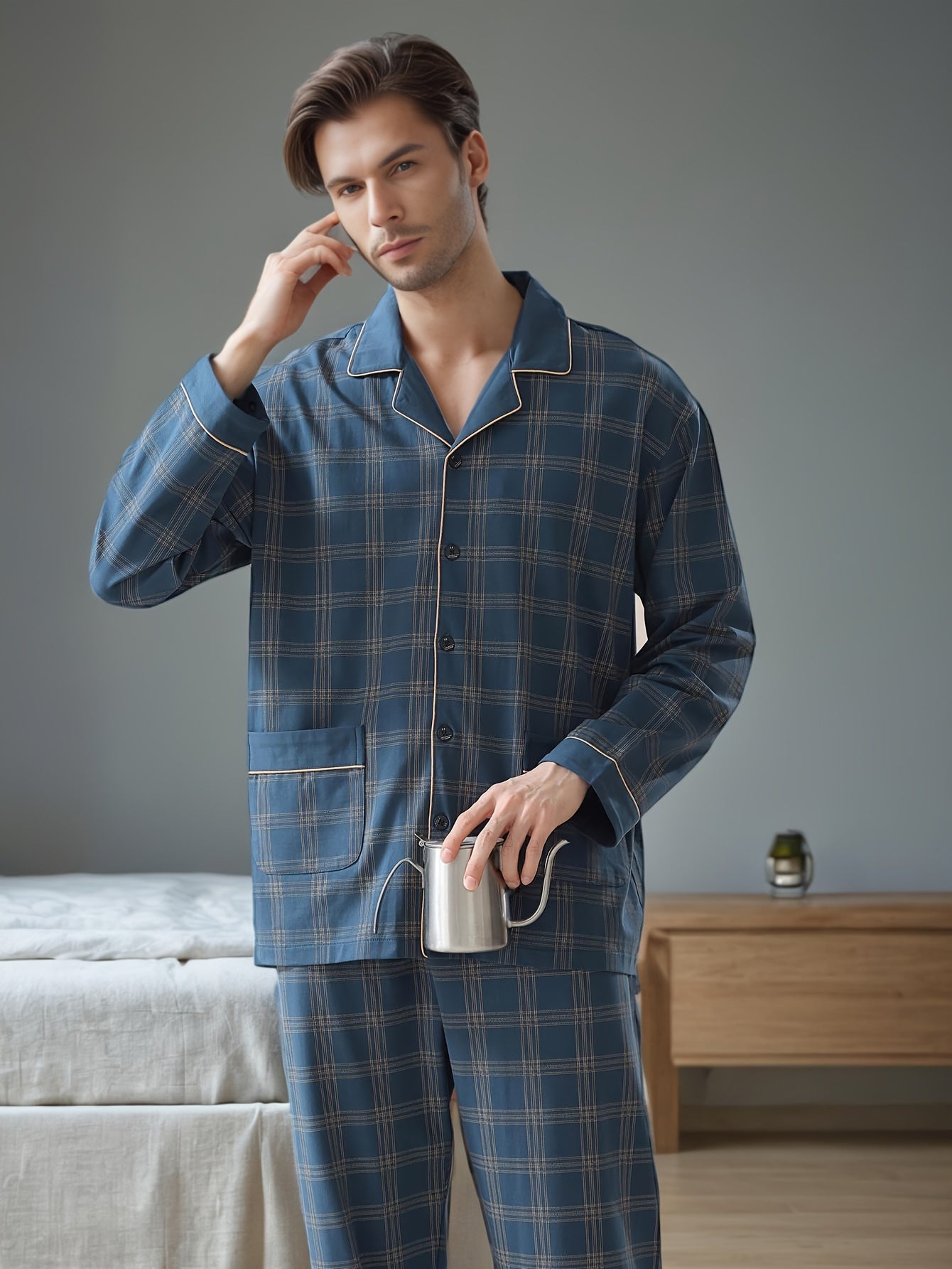 Conjunto de pijama de cuadros para hombre en primavera y otoño, con cárdigan de manga larga, ajuste holgado y estilo casual
