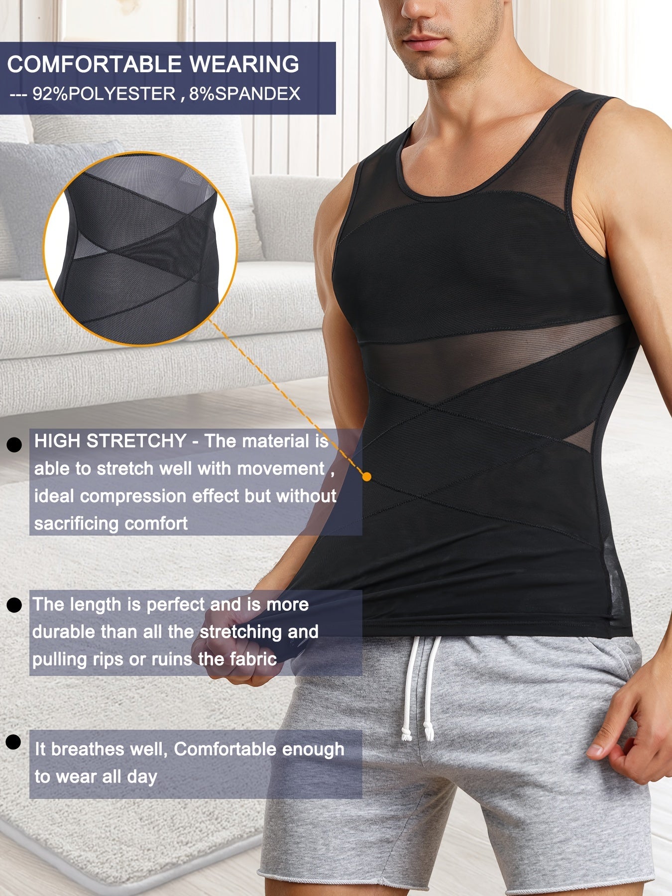 Men's Compression Shirt Slimming Tank Top Body Shaper Sleeveless Crew Neck Solid Color
