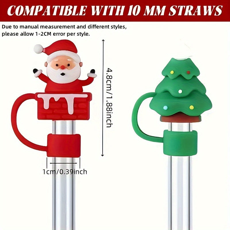 Set of 5 Reusable Silicone Straw Lids Christmas Santa Tree Fits 10mm Straws