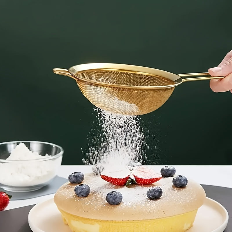 3-Piece Golden Stainless Steel Fine Mesh Kitchen Strainer Set for Baking and Cooking
