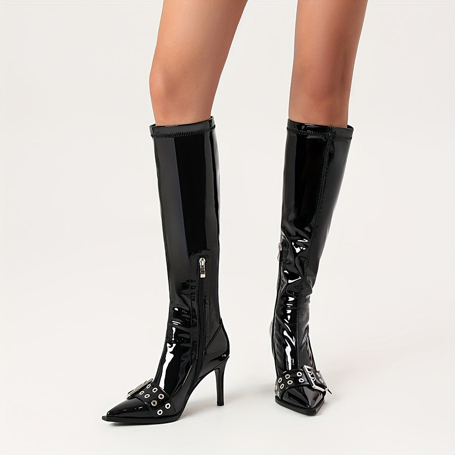 Women's Knee-High Patent Leather Stiletto Boots with Zipper and Buckle