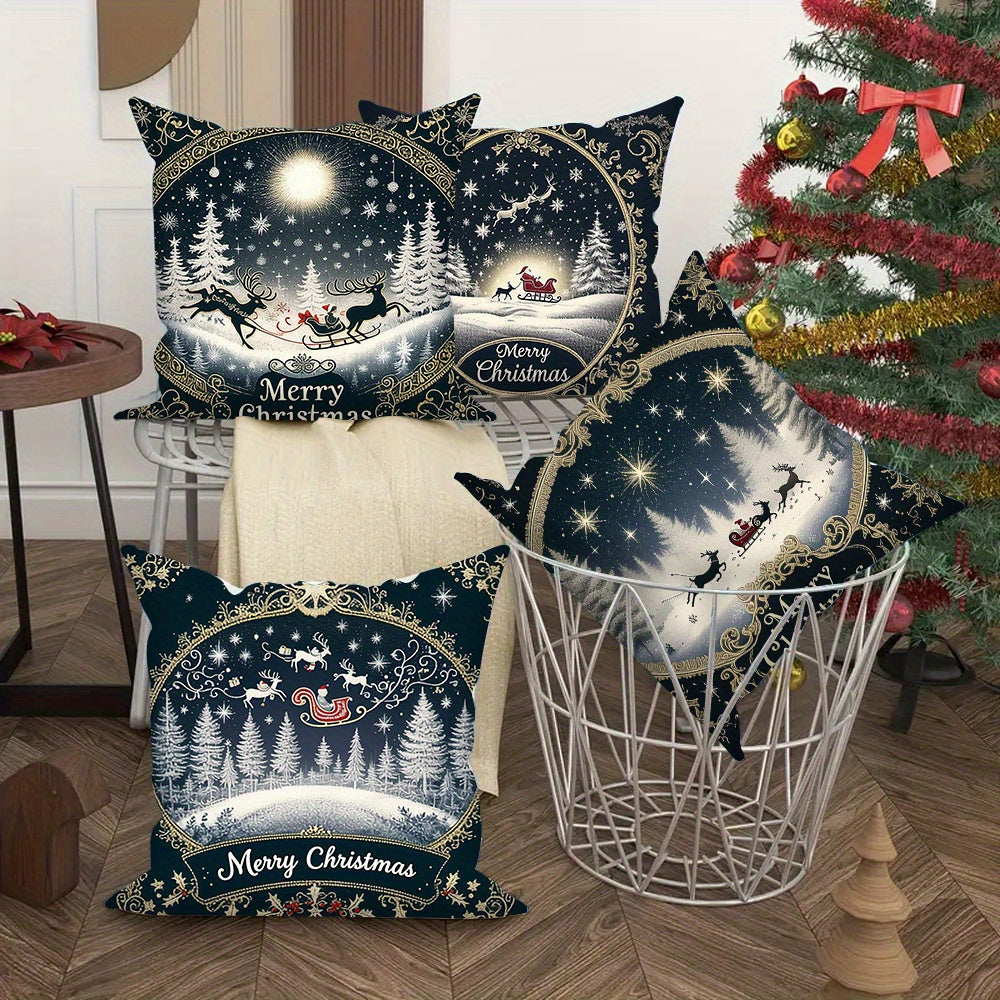 Set of 4 Christmas Throw Pillow Covers Santa Reindeer Plush 45.72cm Machine Washable
