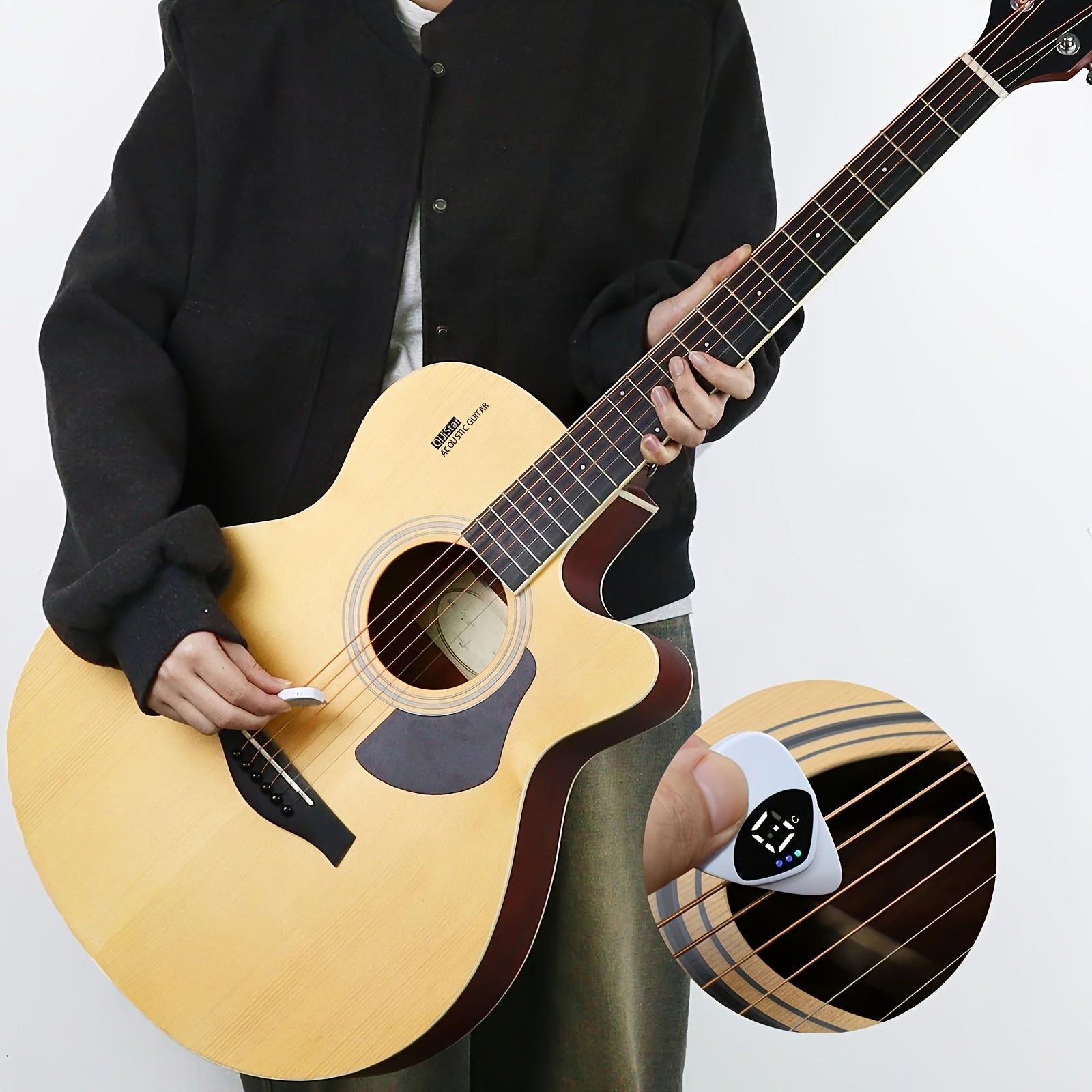 2-in-1 Guitar Pick and Tuner Portable Pitch Calibrator for Folk Guitars and Ukuleles White ABS