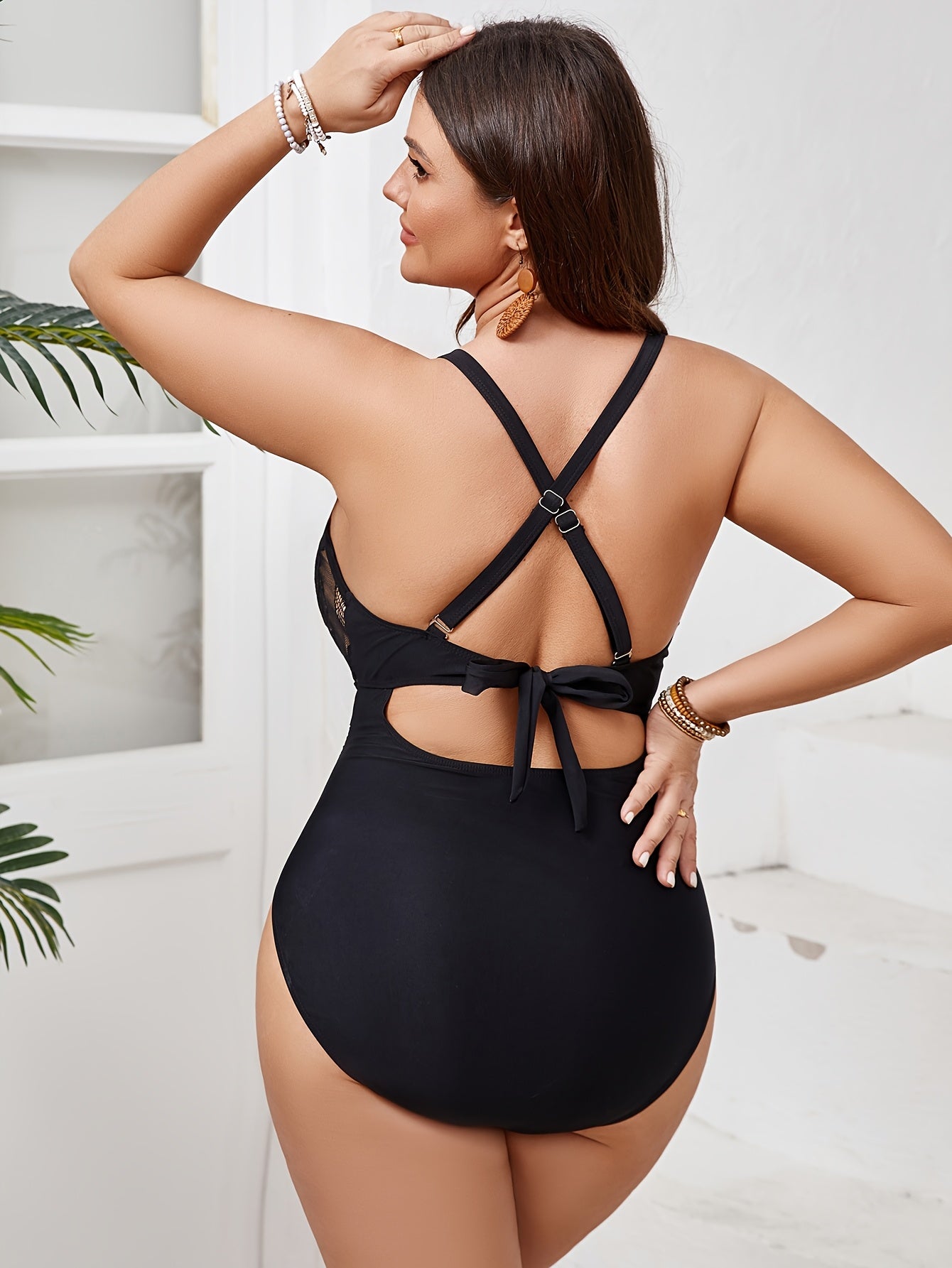 Plus Size Women's Black One-Piece Swimsuit with Lace V-Neck and Removable Pads