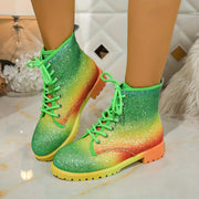 Women's Colorful Gradient Print Platform Ankle Boots with Glitter Accents
