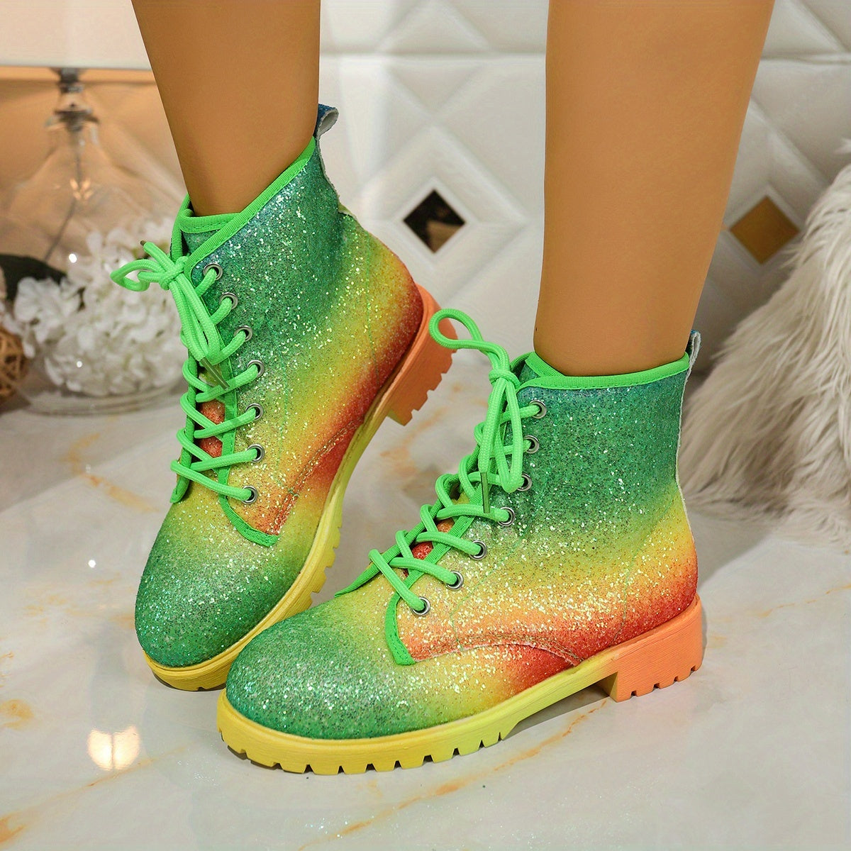 Women's Colorful Gradient Print Platform Ankle Boots with Glitter Accents
