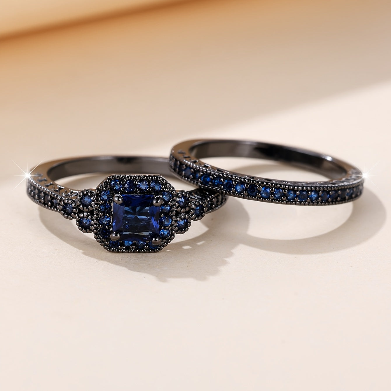 Set of 2 Elegant Promise Rings with Dark Blue Zirconia Halo and Eternity Band for Engagement or Wedding