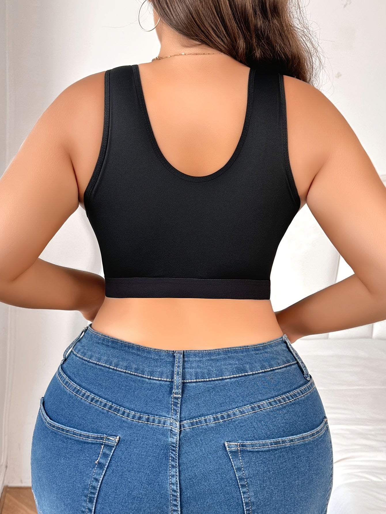 Bralette sin aros con bordado floral de talla grande, cierre frontal y cobertura total