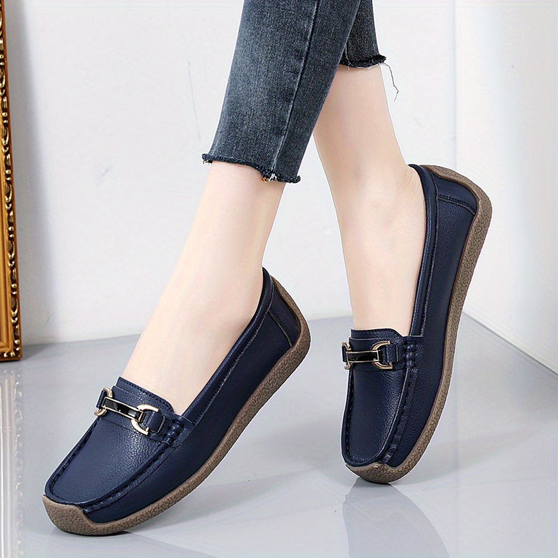 Women's Slip-On Loafers with Metal Decor Faux Leather Casual Flat Shoes