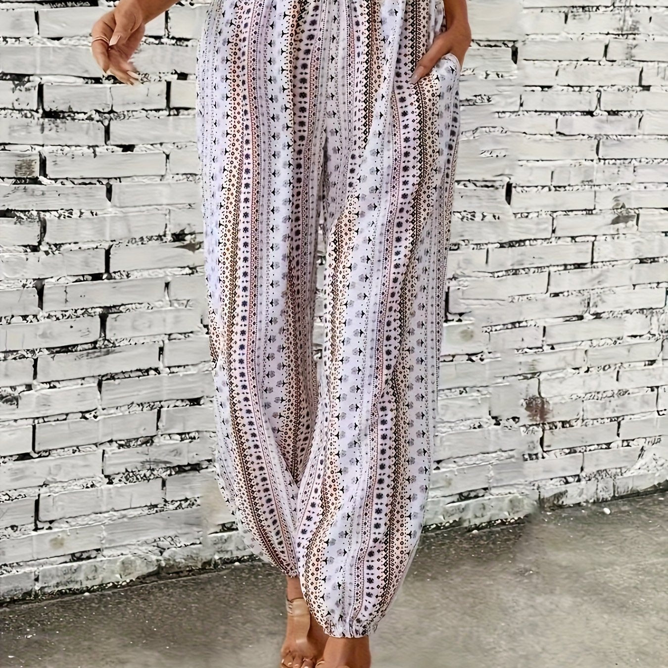 Pantalones de pierna ancha con estampado bohemio de talla grande para mujer, ajuste suelto con cintura elástica