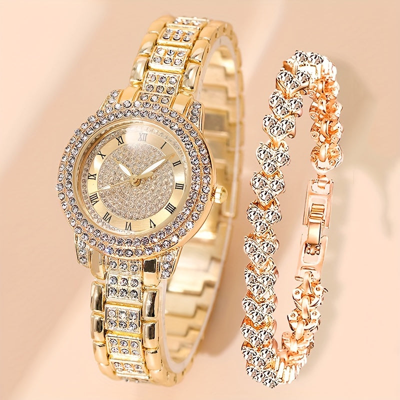 Women's Luxury Rhinestone Quartz Watch Set with Bracelet, Analog Roman Dial
