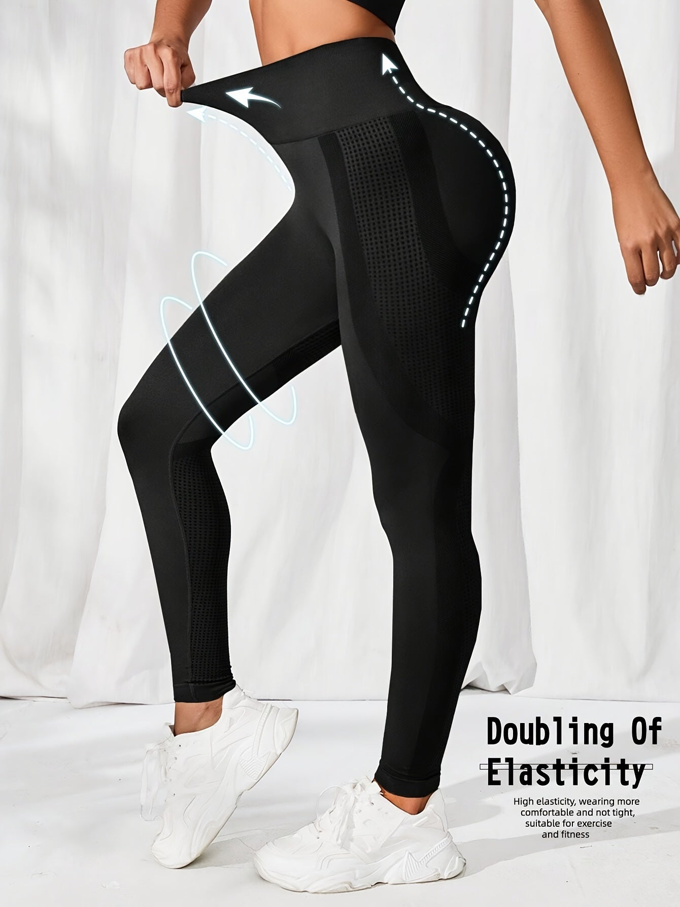 Women's High-Elasticity Pleated Yoga Leggings with Abdominal Control in Solid Colors