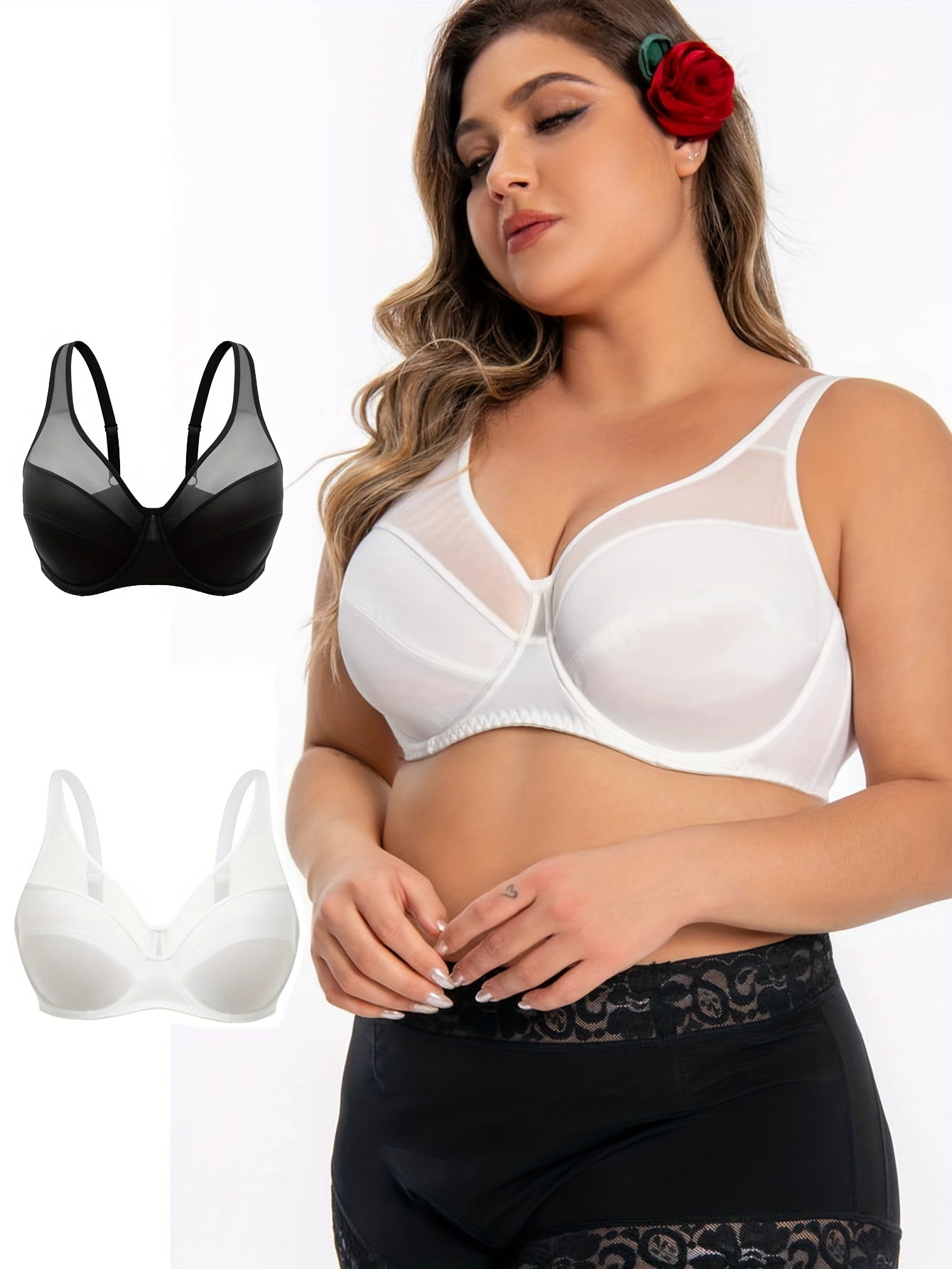Plus Size Elegant Bras for Women Full Coverage Underwire Non Padded Contrast Mesh