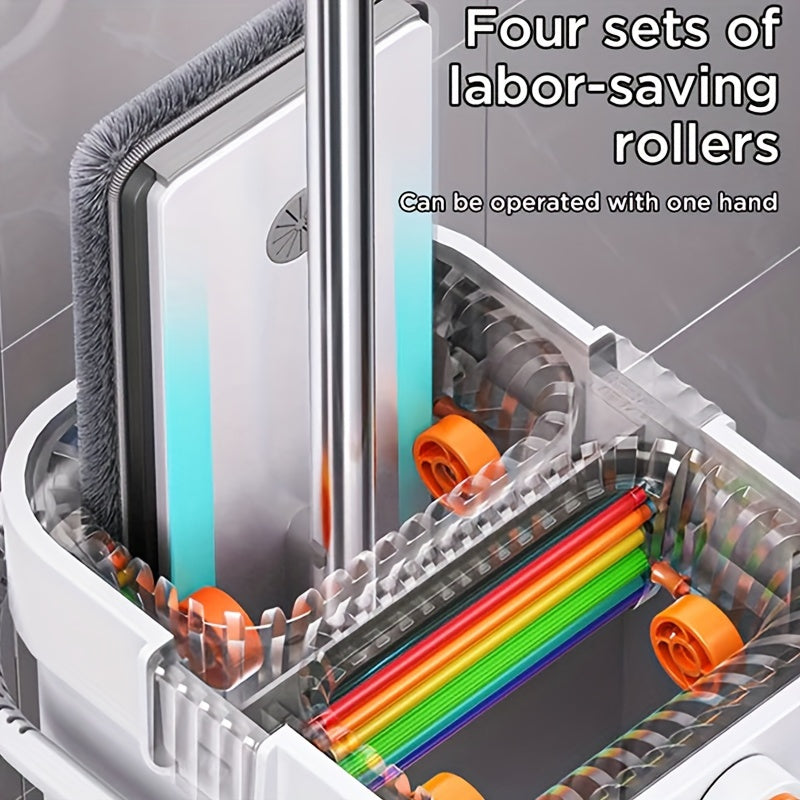 1Set Mop and Bucket Set with Microfiber Mop Head, Fabric Pads, Durable Metal Plastic