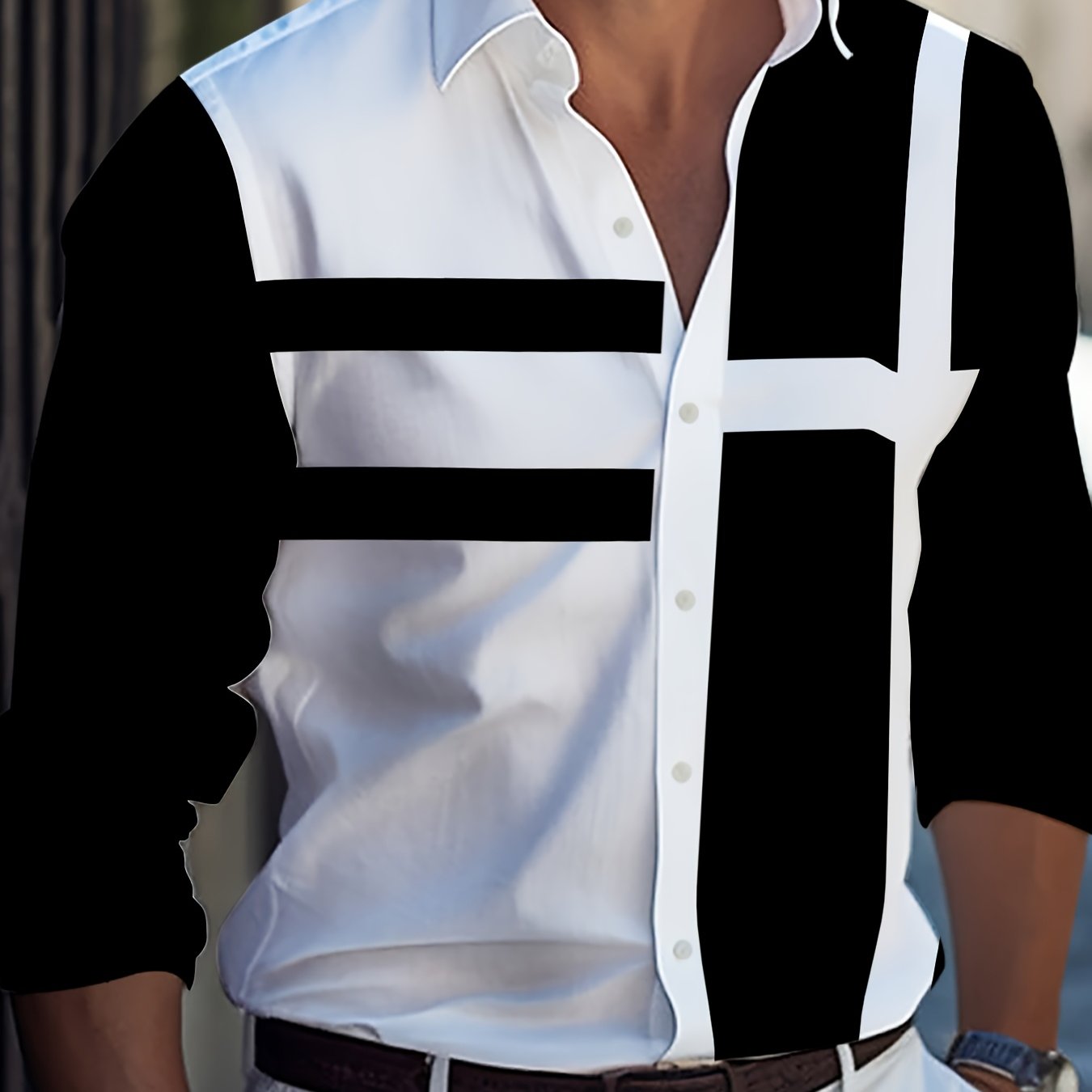 Men's Casual Golf Shirt Long Sleeve Black White 3D Print Polyester Woven Regular Fit Lapel Collar Spring Fall Plus Size
